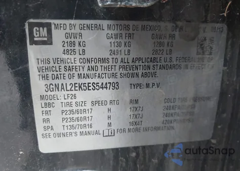 2014 Chevrolet Captiva Sport 2Ls z USA, uszkodzony, nr VIN 3GNAL2EK5ES544793